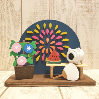 受注制作☆夕涼み☆花火と朝顔の置物☆蚊遣り豚☆スイカ☆団扇の画像