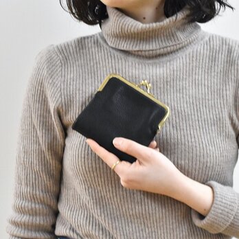 がま口 二つ折り財布 柔らかいヌメ革 コイン仕切り 牛革 本革 ベジタブルタンニン ブラック HAW022の画像