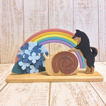受注制作☆色付き!!!梅雨☆虹と紫陽花とカタツムリと黒柴 柴犬の置物☆紫陽花二色選択可能☆動物変更可能！の画像